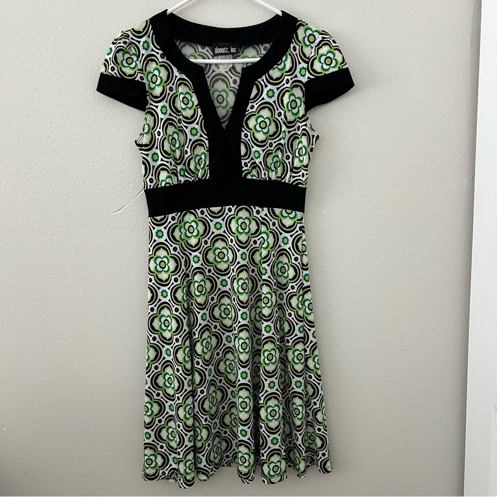 Vintage Y2K Donutz Inc Dress Sz M Green Black Geometric Print Babydoll 90s 2000s
